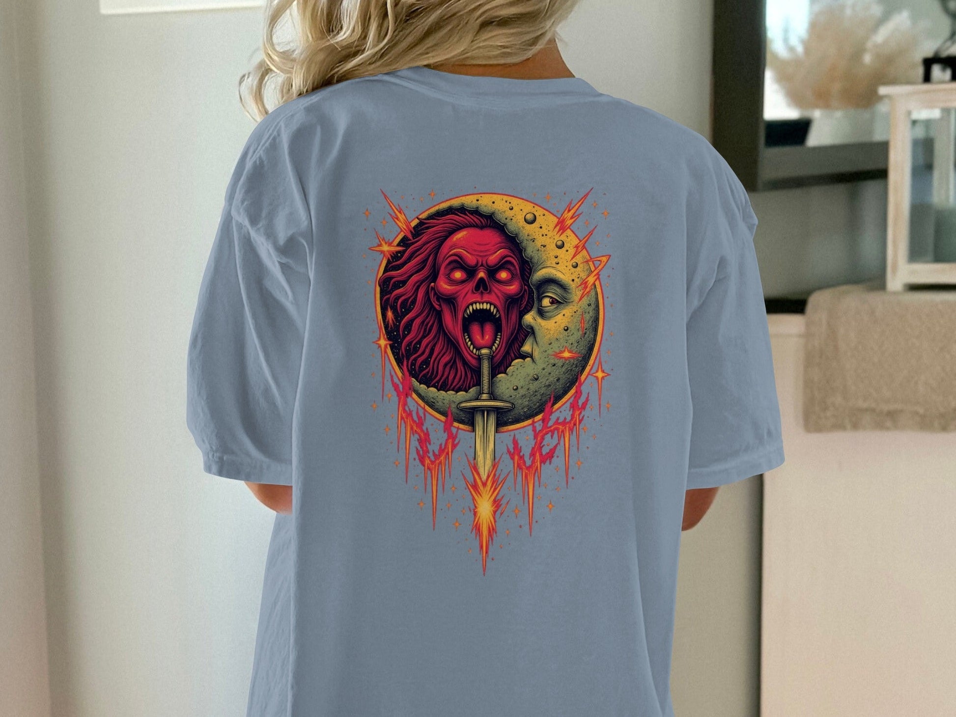 Half Moon with Skeleton Sword Fantasy Graphics Back T-Shirt - IconVexa