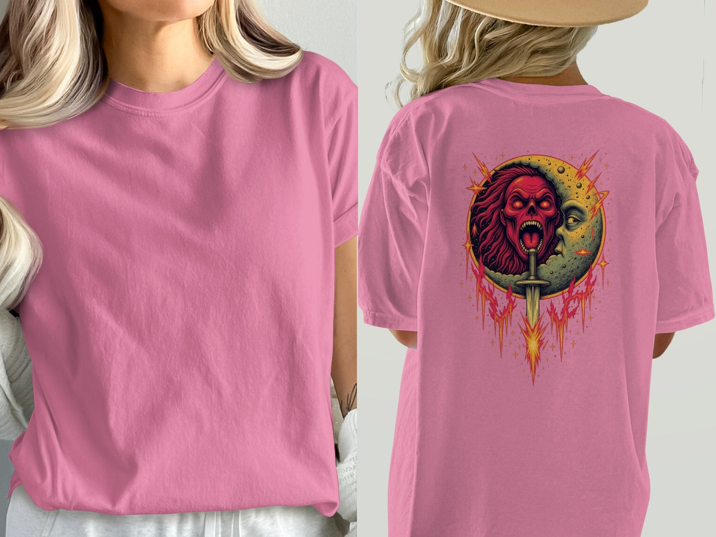 Half Moon with Skeleton Sword Fantasy Graphics Back T-Shirt - IconVexa