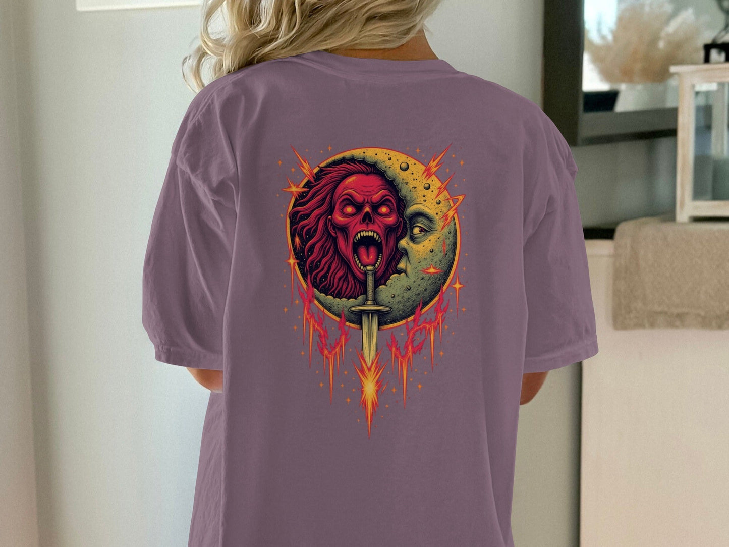 Half Moon with Skeleton Sword Fantasy Graphics Back T-Shirt - IconVexa