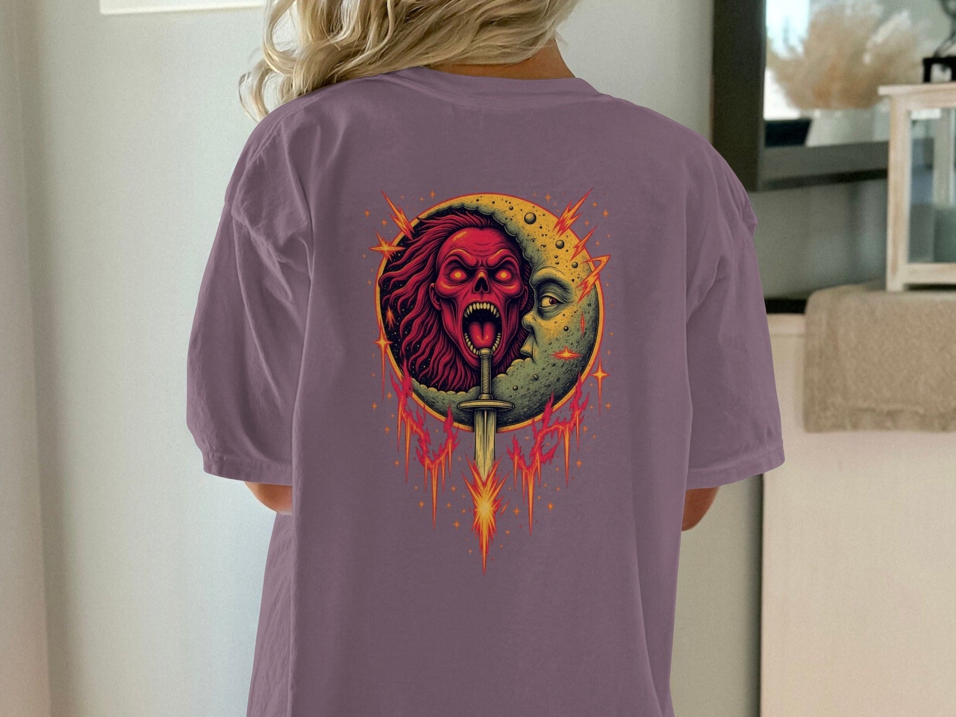 Half Moon with Skeleton Sword Fantasy Graphics Back T-Shirt - IconVexa