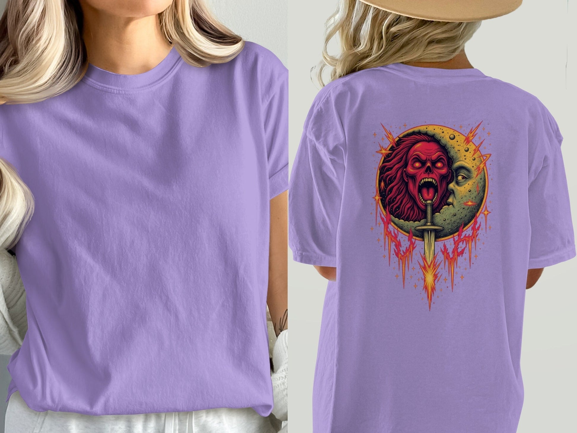 Half Moon with Skeleton Sword Fantasy Graphics Back T-Shirt - IconVexa