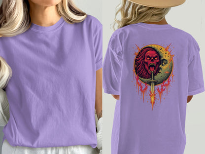 Half Moon with Skeleton Sword Fantasy Graphics Back T-Shirt - IconVexa