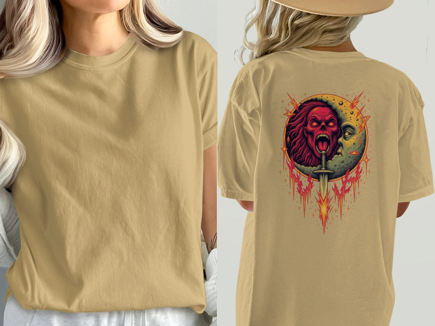 Half Moon with Skeleton Sword Fantasy Graphics Back T-Shirt - IconVexa