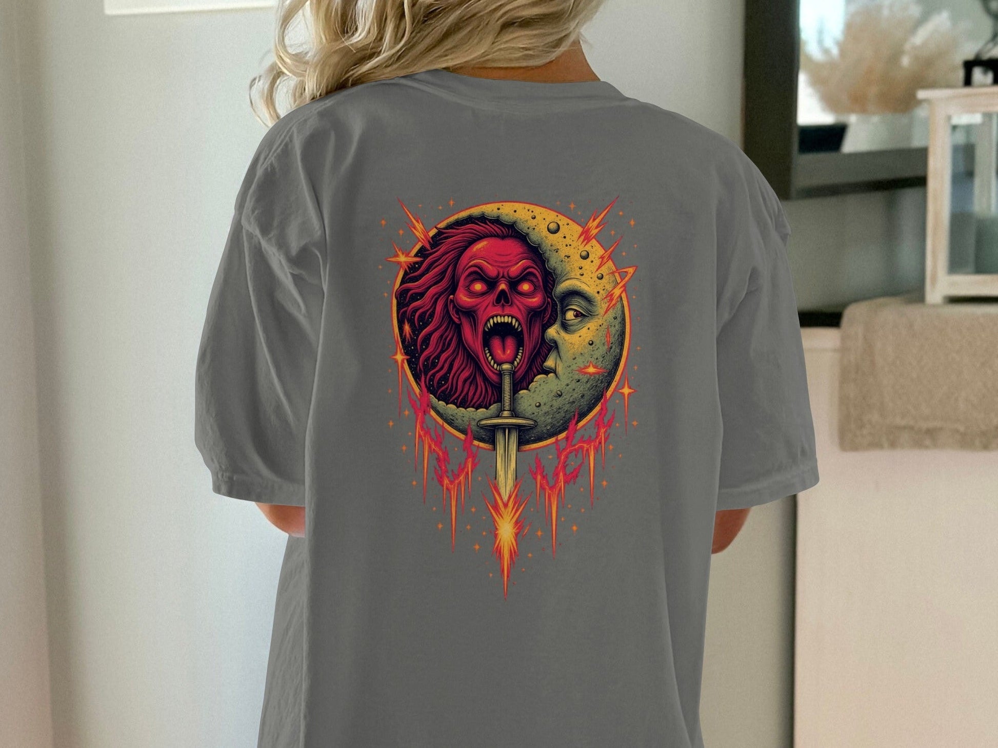 Half Moon with Skeleton Sword Fantasy Graphics Back T-Shirt - IconVexa