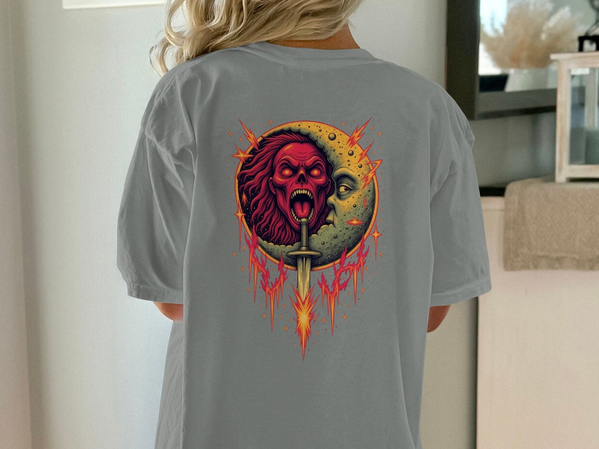 Half Moon with Skeleton Sword Fantasy Graphics Back T-Shirt - IconVexa