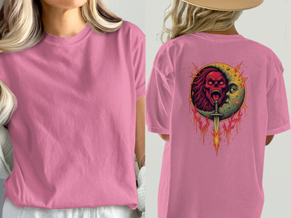 Half Moon with Skeleton Sword Fantasy Graphics Back T-Shirt - IconVexa