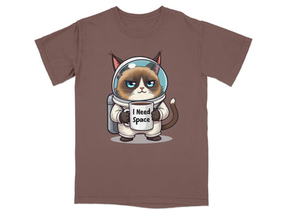 Funny astronaut cat t-shirt featuring a grumpy cat in spacesuit holding a mug that says "I Need Space".
