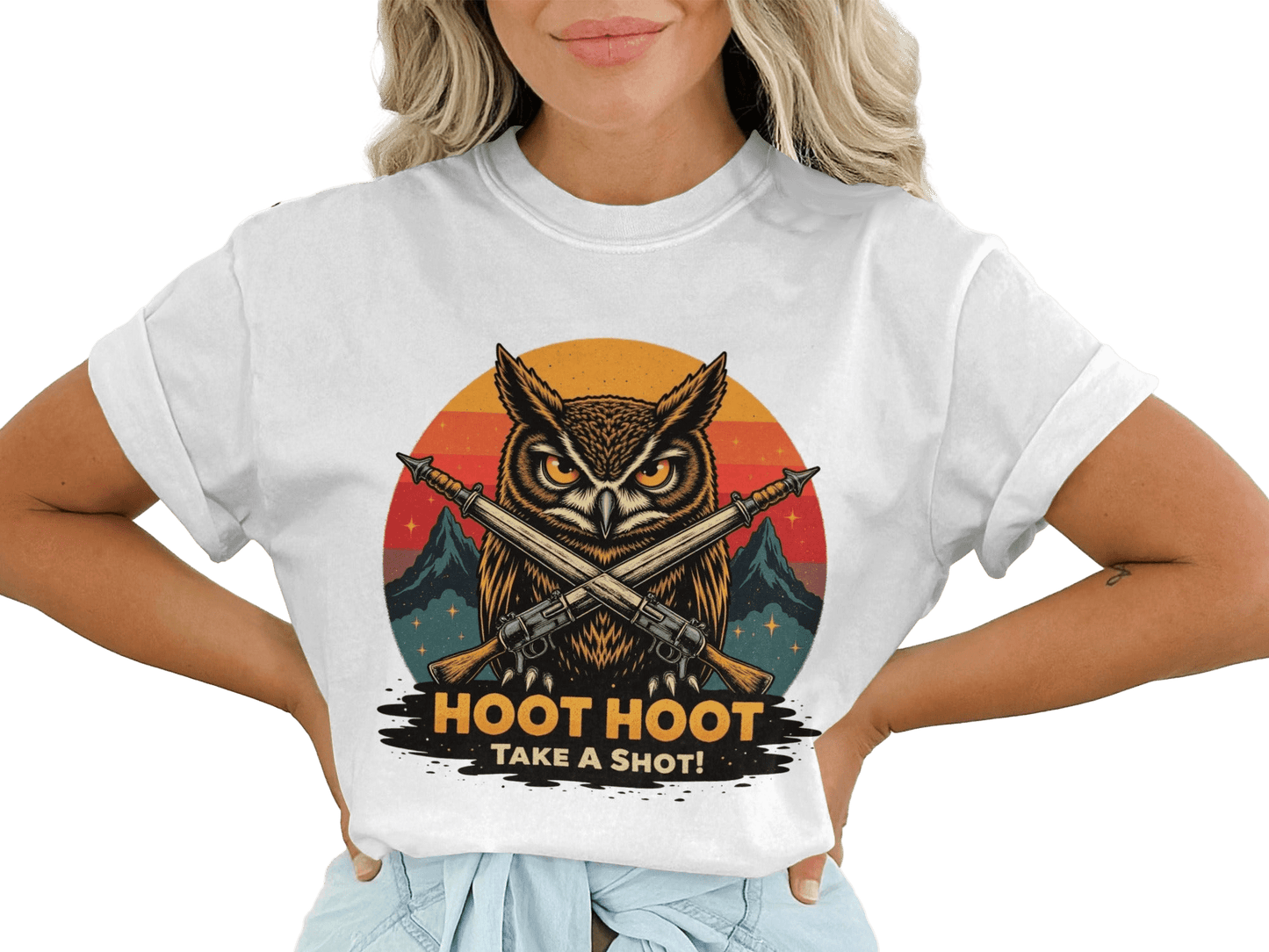 Hoot Hoot Take A Shot T-Shirt, Owl Hunter Tee, Vintage Style, Gift For Owl Lovers, Cool Owl T-Shirt, Hunting Owl Shirt, Mountain Tee - IconVexa
