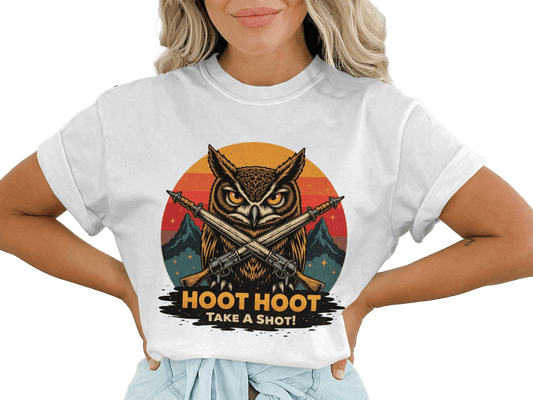 Hoot Hoot Take A Shot T-Shirt, Owl Hunter Tee, Vintage Style, Gift For Owl Lovers, Cool Owl T-Shirt, Hunting Owl Shirt, Mountain Tee - IconVexa