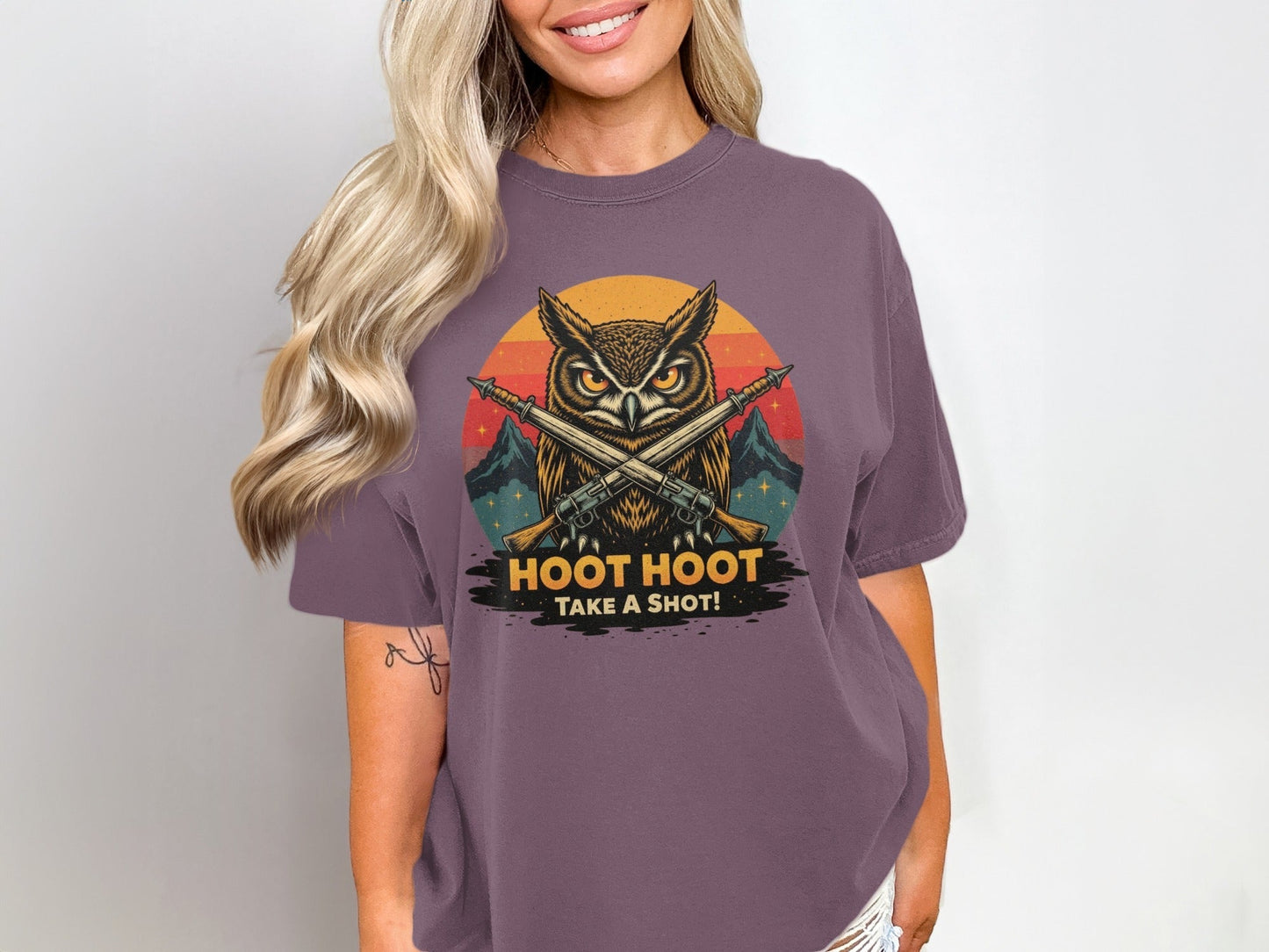 Hoot Hoot Take A Shot T-Shirt, Owl Hunter Tee, Vintage Style, Gift For Owl Lovers, Cool Owl T-Shirt, Hunting Owl Shirt, Mountain Tee - IconVexa