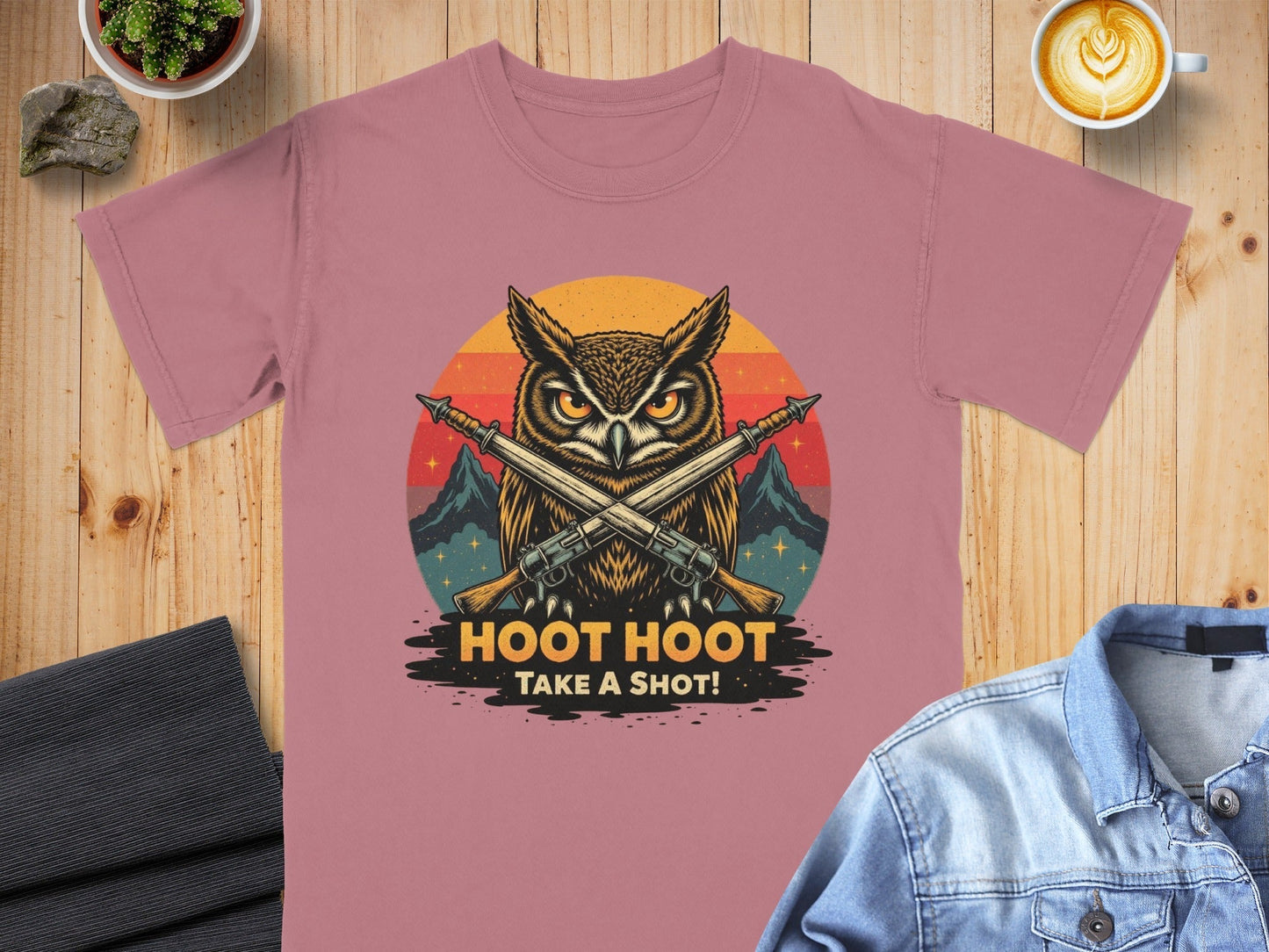Hoot Hoot Take A Shot T-Shirt, Owl Hunter Tee, Vintage Style, Gift For Owl Lovers, Cool Owl T-Shirt, Hunting Owl Shirt, Mountain Tee - IconVexa