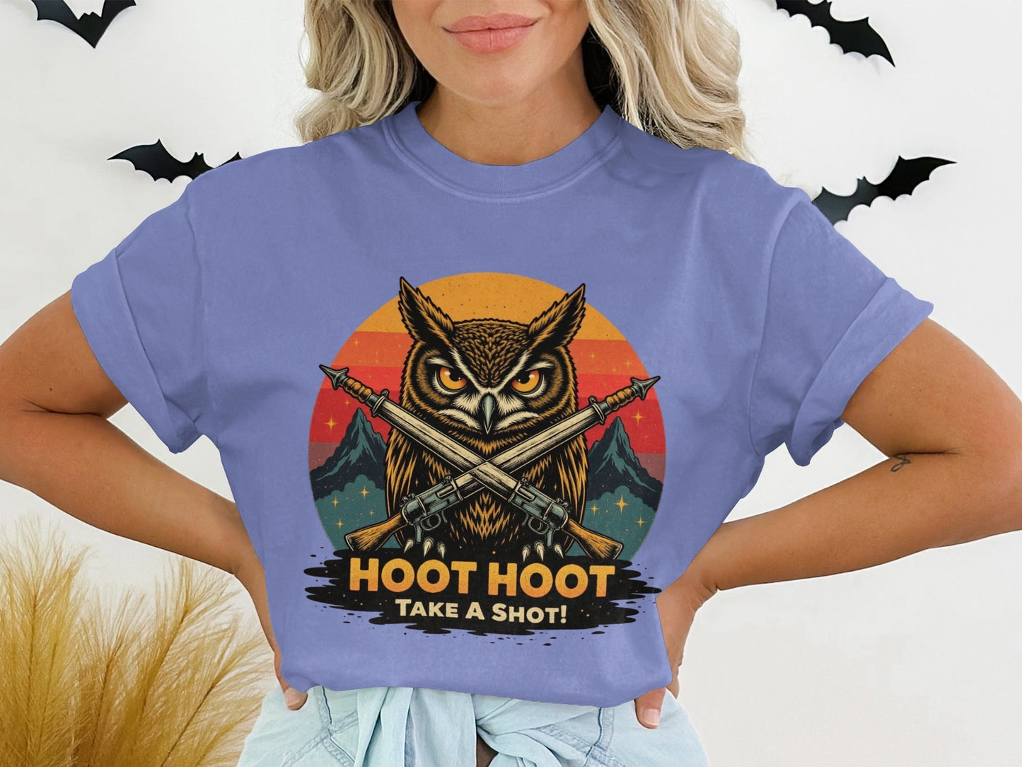 Hoot Hoot Take A Shot T-Shirt, Owl Hunter Tee, Vintage Style, Gift For Owl Lovers, Cool Owl T-Shirt, Hunting Owl Shirt, Mountain Tee - IconVexa
