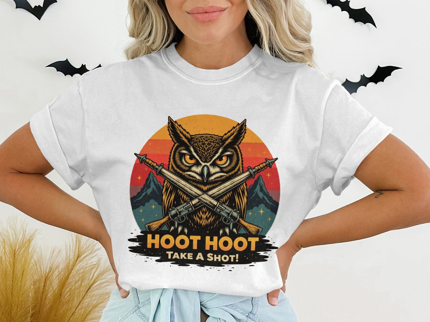 Hoot Hoot Take A Shot T-Shirt, Owl Hunter Tee, Vintage Style, Gift For Owl Lovers, Cool Owl T-Shirt, Hunting Owl Shirt, Mountain Tee - IconVexa