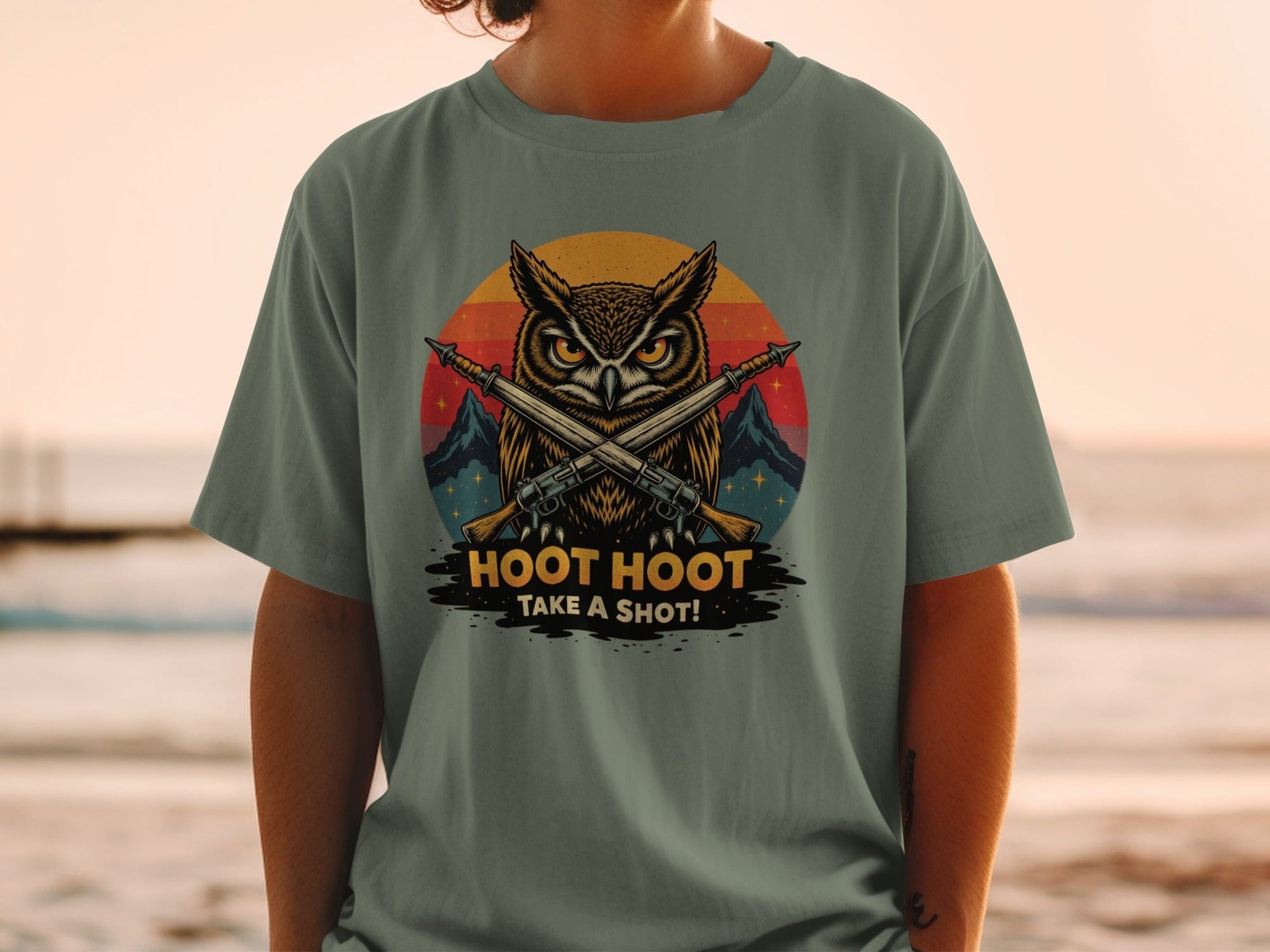 Hoot Hoot Take A Shot T-Shirt, Owl Hunter Tee, Vintage Style, Gift For Owl Lovers, Cool Owl T-Shirt, Hunting Owl Shirt, Mountain Tee - IconVexa