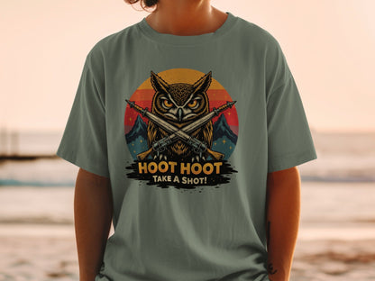 Hoot Hoot Take A Shot T-Shirt, Owl Hunter Tee, Vintage Style, Gift For Owl Lovers, Cool Owl T-Shirt, Hunting Owl Shirt, Mountain Tee - IconVexa