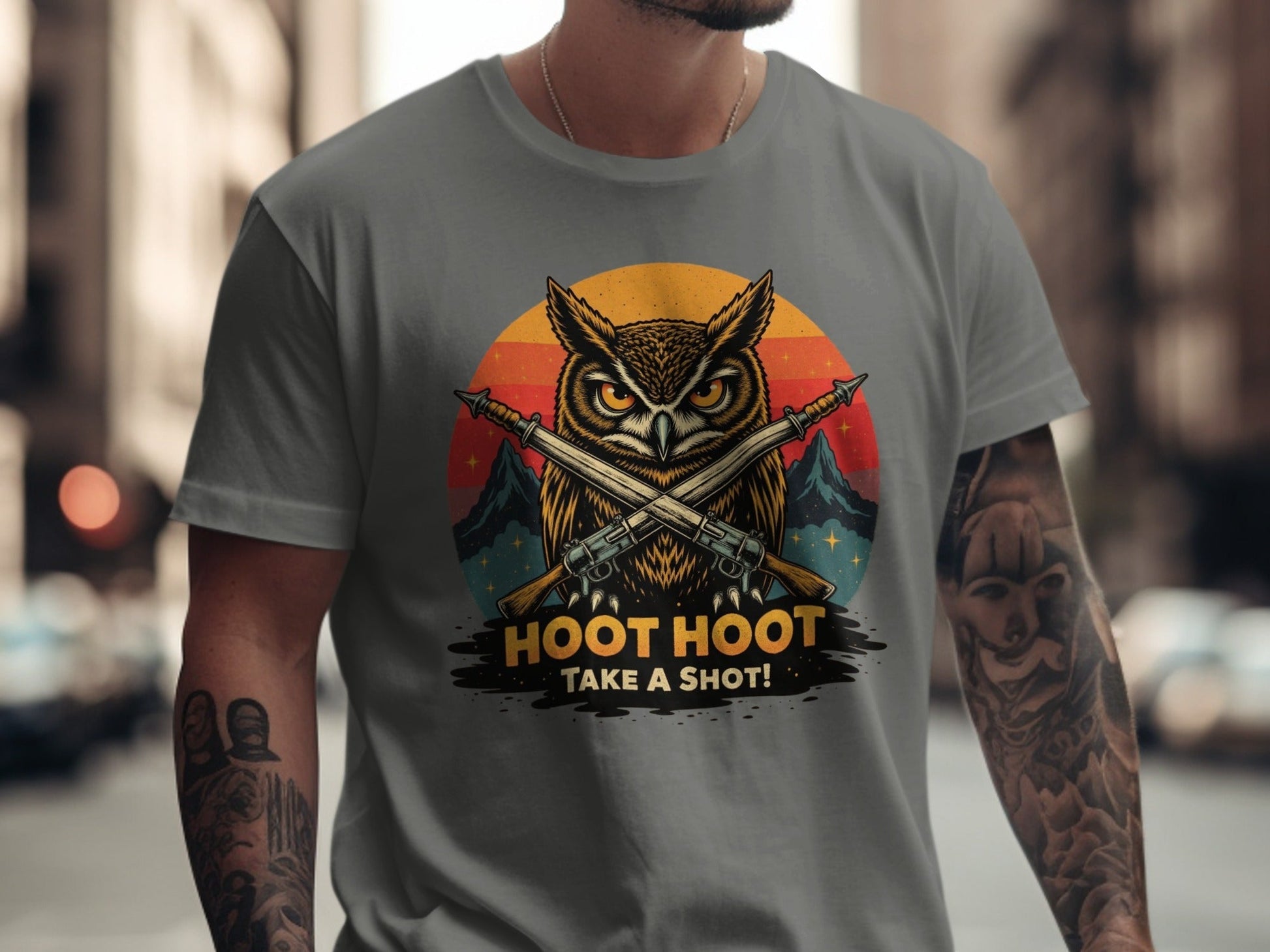 Hoot Hoot Take A Shot T-Shirt, Owl Hunter Tee, Vintage Style, Gift For Owl Lovers, Cool Owl T-Shirt, Hunting Owl Shirt, Mountain Tee - IconVexa