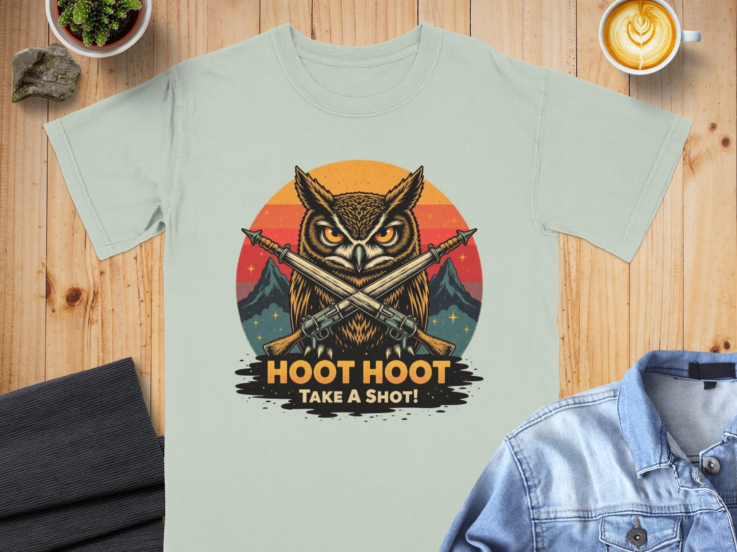Hoot Hoot Take A Shot T-Shirt, Owl Hunter Tee, Vintage Style, Gift For Owl Lovers, Cool Owl T-Shirt, Hunting Owl Shirt, Mountain Tee - IconVexa