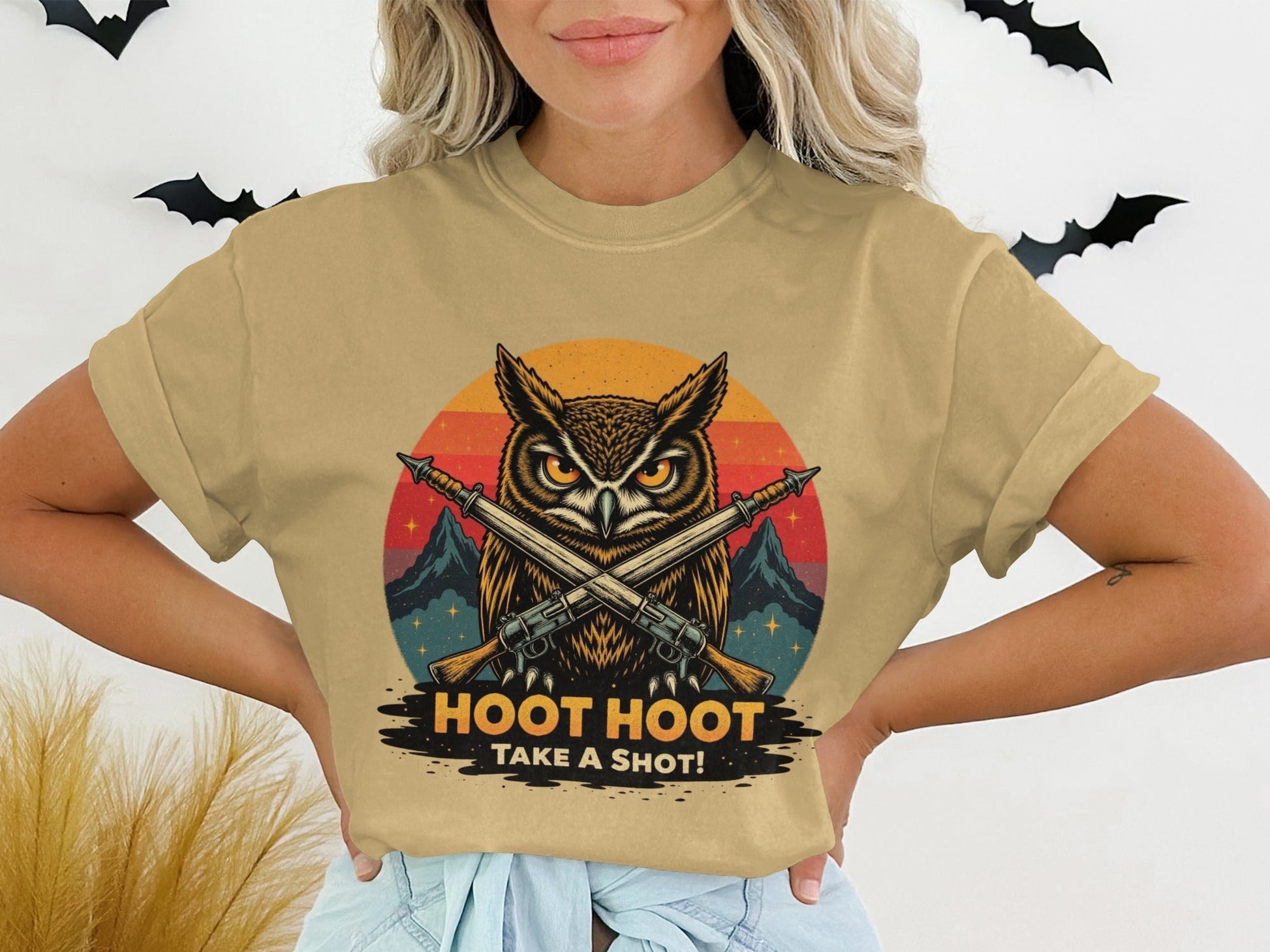 Hoot Hoot Take A Shot T-Shirt, Owl Hunter Tee, Vintage Style, Gift For Owl Lovers, Cool Owl T-Shirt, Hunting Owl Shirt, Mountain Tee - IconVexa