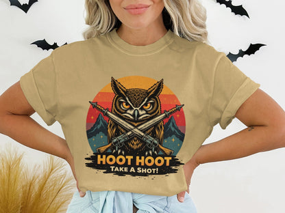 Hoot Hoot Take A Shot T-Shirt, Owl Hunter Tee, Vintage Style, Gift For Owl Lovers, Cool Owl T-Shirt, Hunting Owl Shirt, Mountain Tee - IconVexa