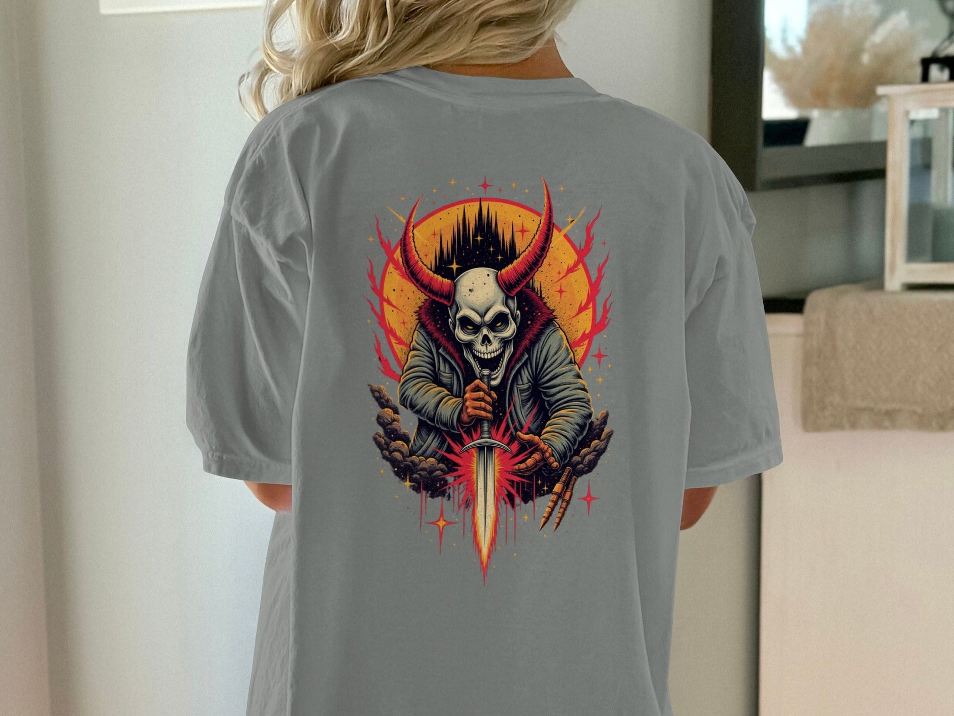 Horned Skull with Sword Graphic Cool Horror Devil T-Shirt - IconVexa