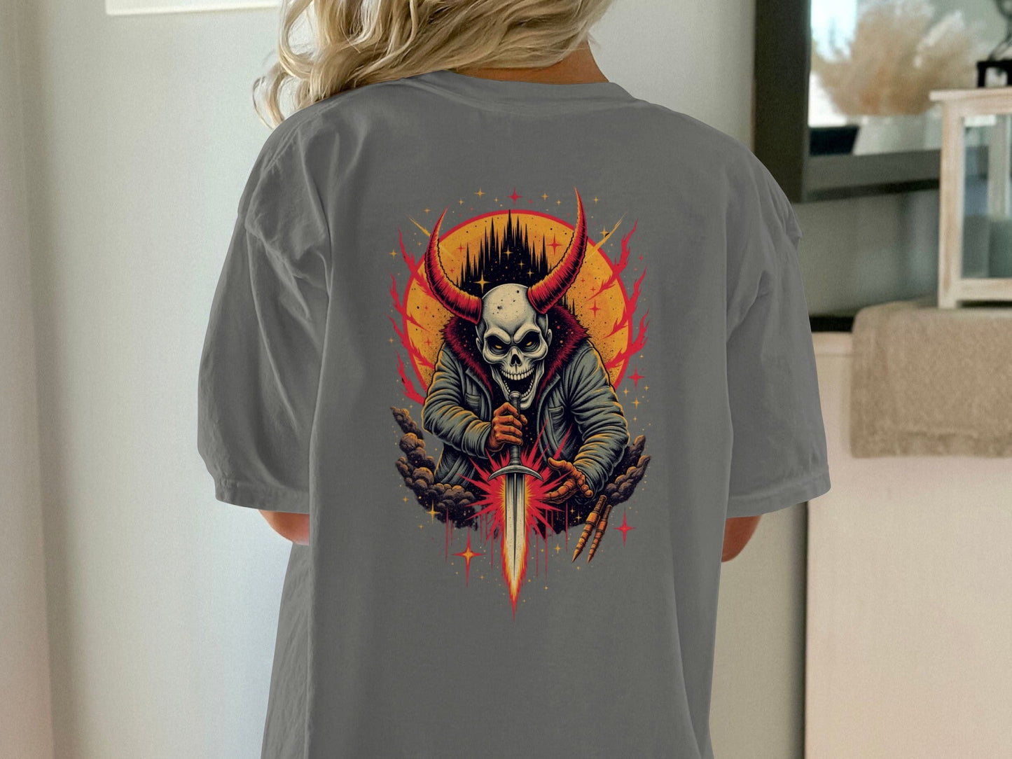Horned Skull with Sword Graphic Cool Horror Devil T-Shirt - IconVexa