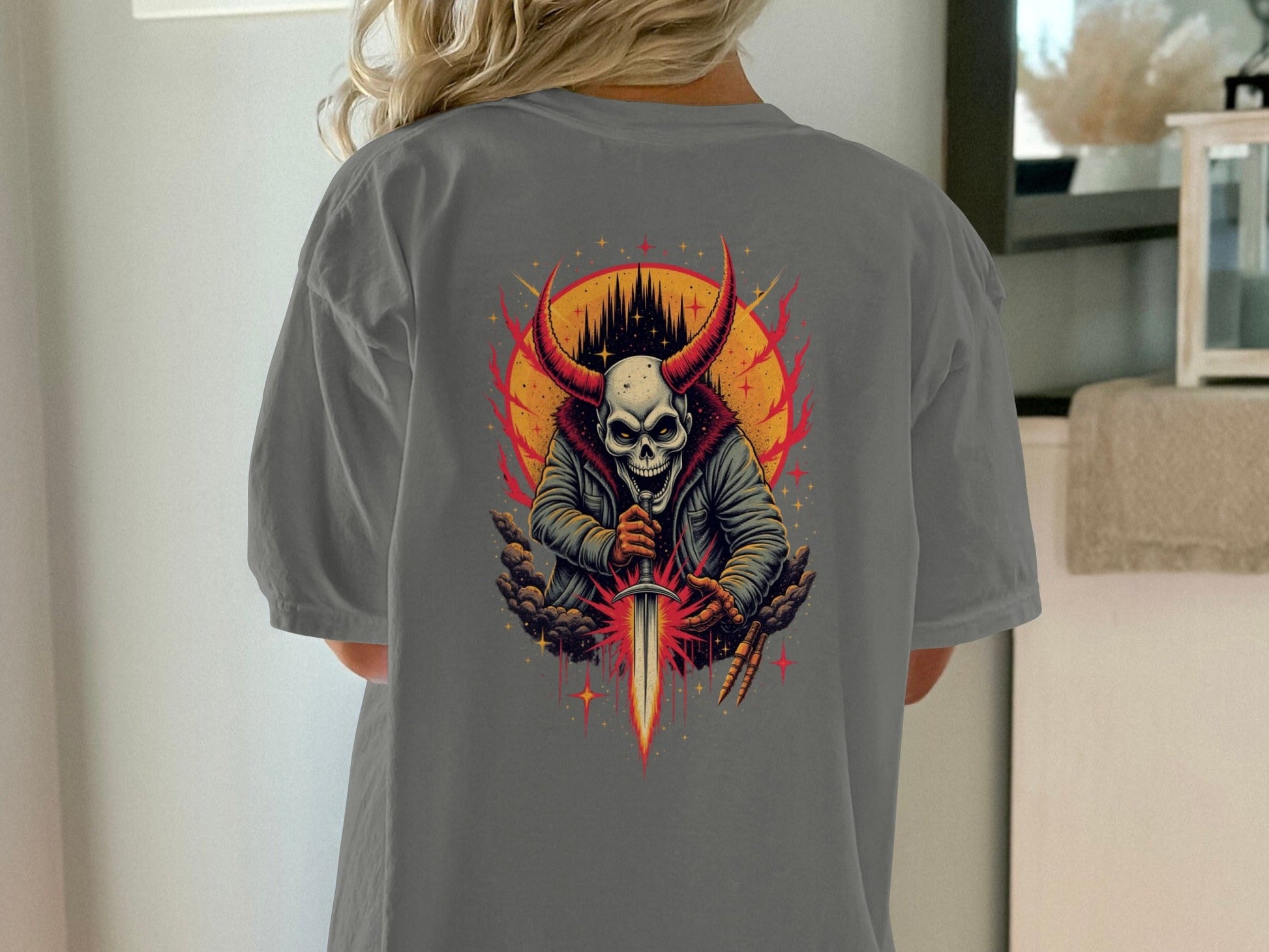 Horned Skull with Sword Graphic Cool Horror Devil T-Shirt - IconVexa
