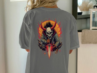 Horned Skull with Sword Graphic Cool Horror Devil T-Shirt - IconVexa