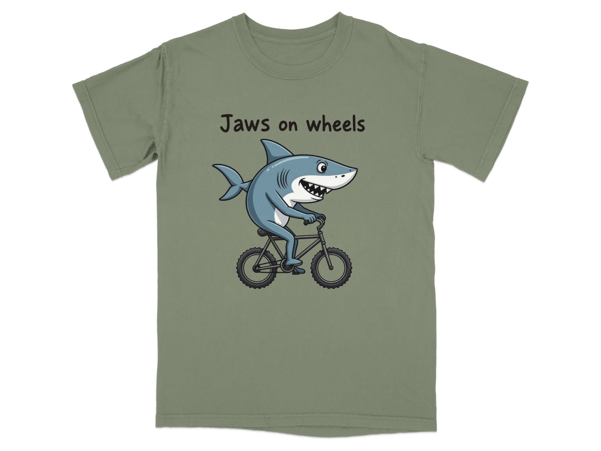 Jaws on Wheels Shark Riding Bike Funny Graphic Tee T-Shirt - IconVexa