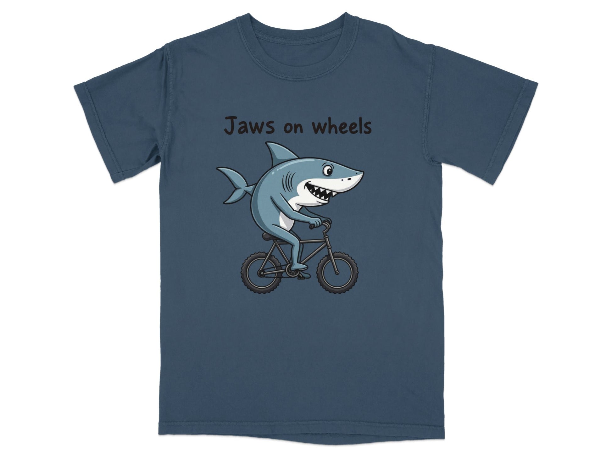 Jaws on Wheels Shark Riding Bike Funny Graphic Tee T-Shirt - IconVexa