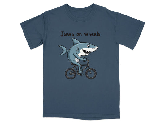 Jaws on Wheels Shark Riding Bike Funny Graphic Tee T-Shirt - IconVexa