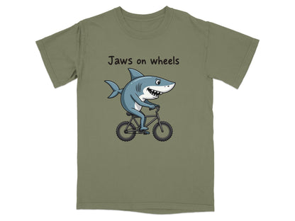 Jaws on Wheels Shark Riding Bike Funny Graphic Tee T-Shirt - IconVexa