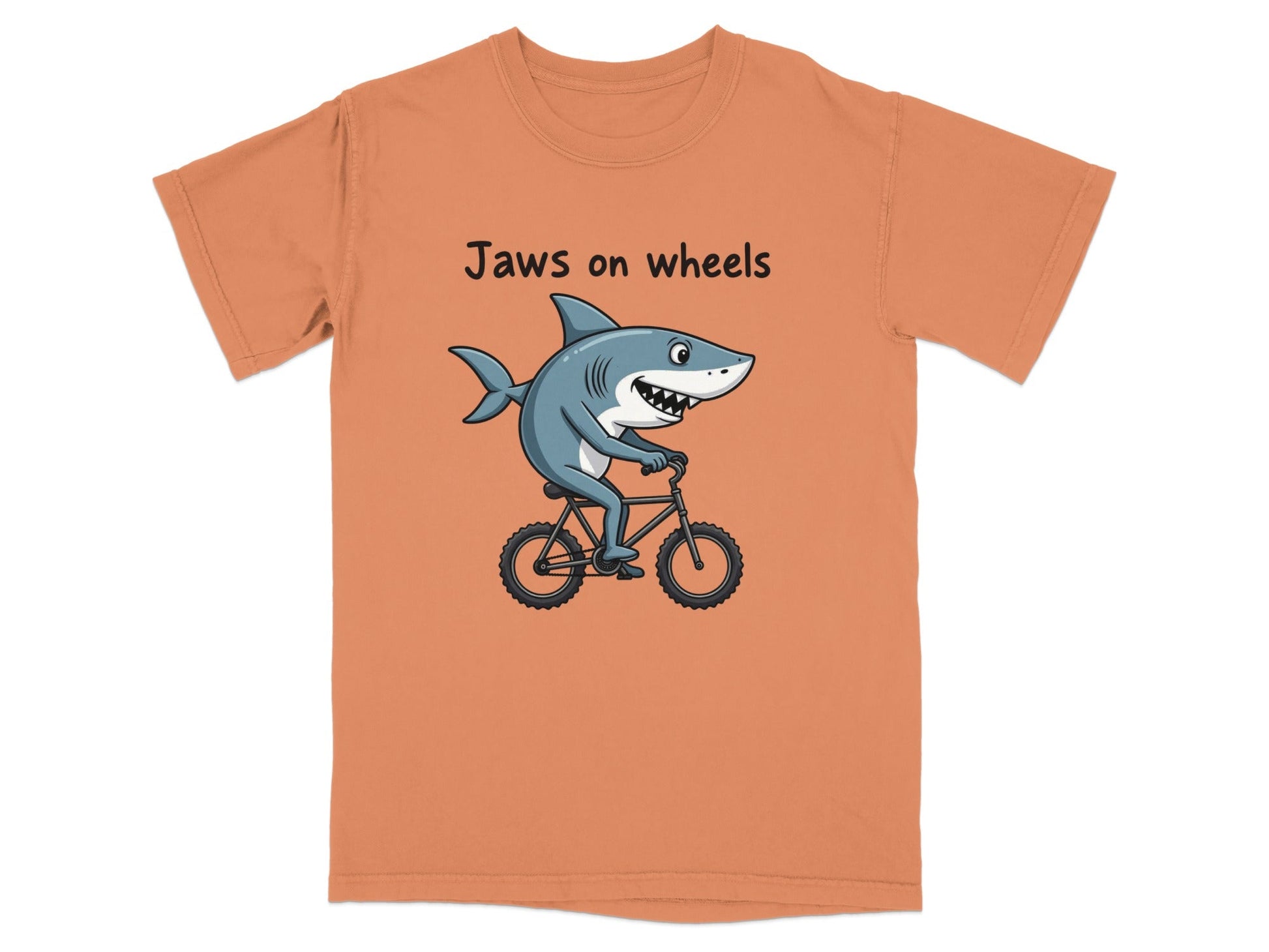 Jaws on Wheels Shark Riding Bike Funny Graphic Tee T-Shirt - IconVexa