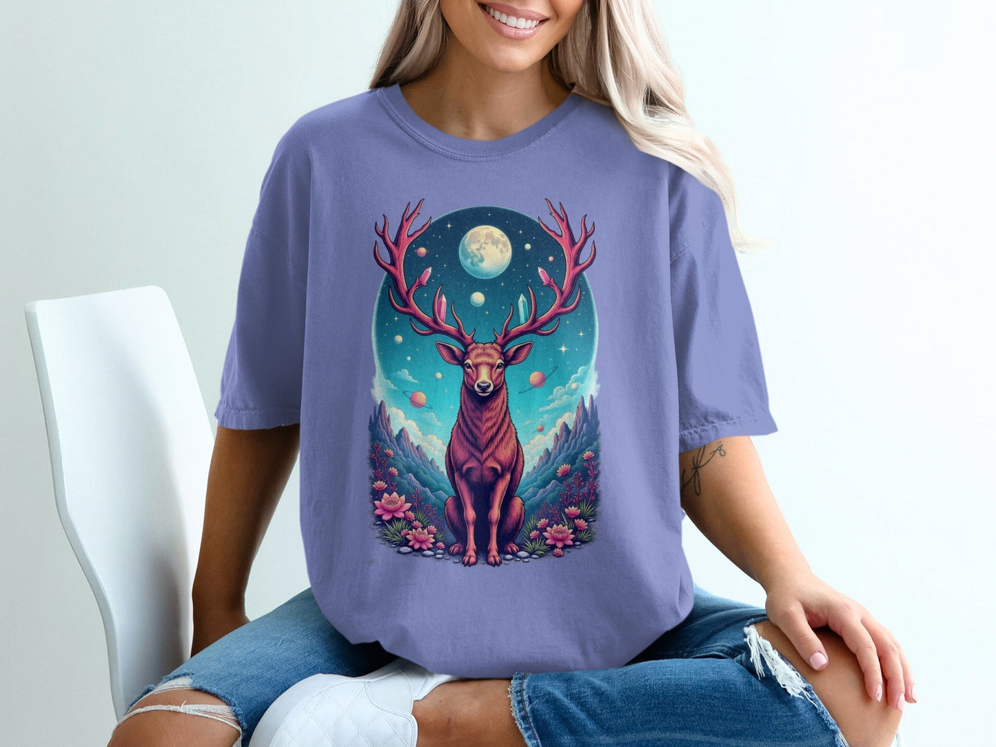 Majestic Deer In Space Artistic Graphic Design T-Shirt - IconVexa