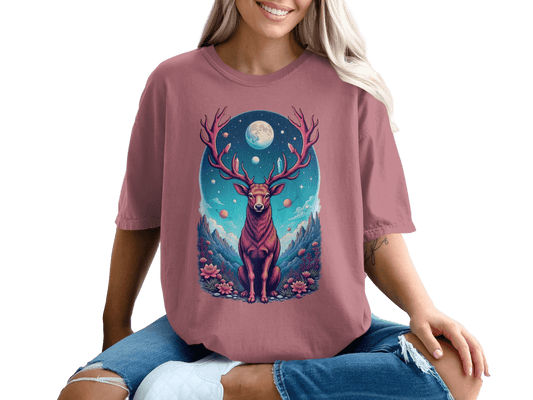 Majestic Deer In Space Artistic Graphic Design T-Shirt - IconVexa