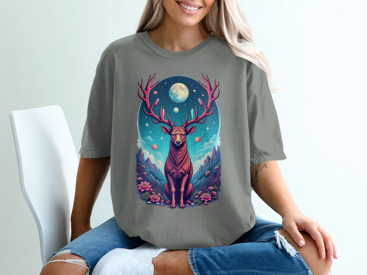 Majestic Deer In Space Artistic Graphic Design T-Shirt - IconVexa