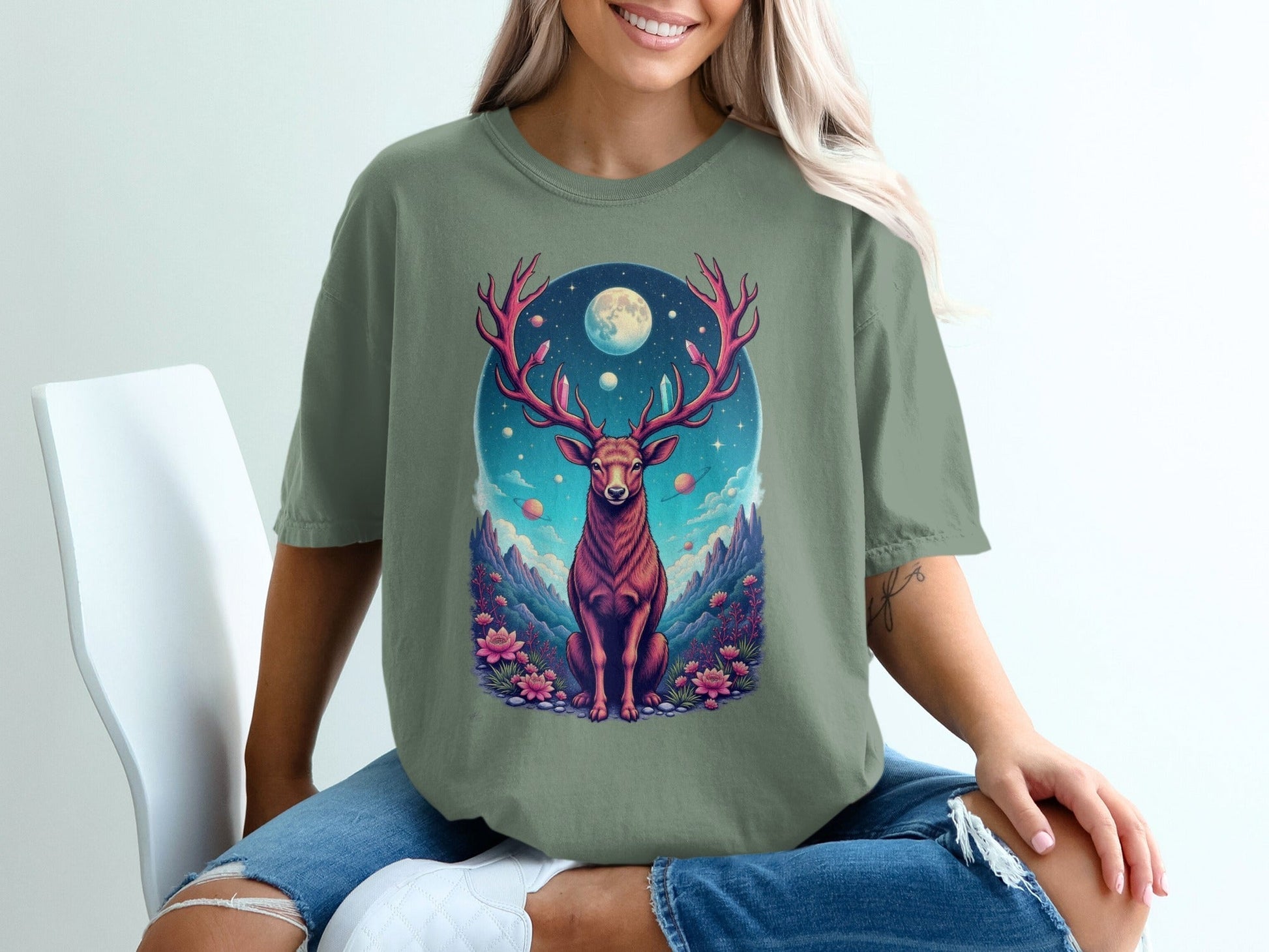 Majestic Deer In Space Artistic Graphic Design T-Shirt - IconVexa