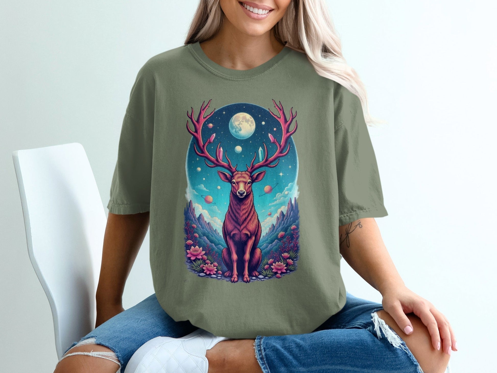 Majestic Deer In Space Artistic Graphic Design T-Shirt - IconVexa