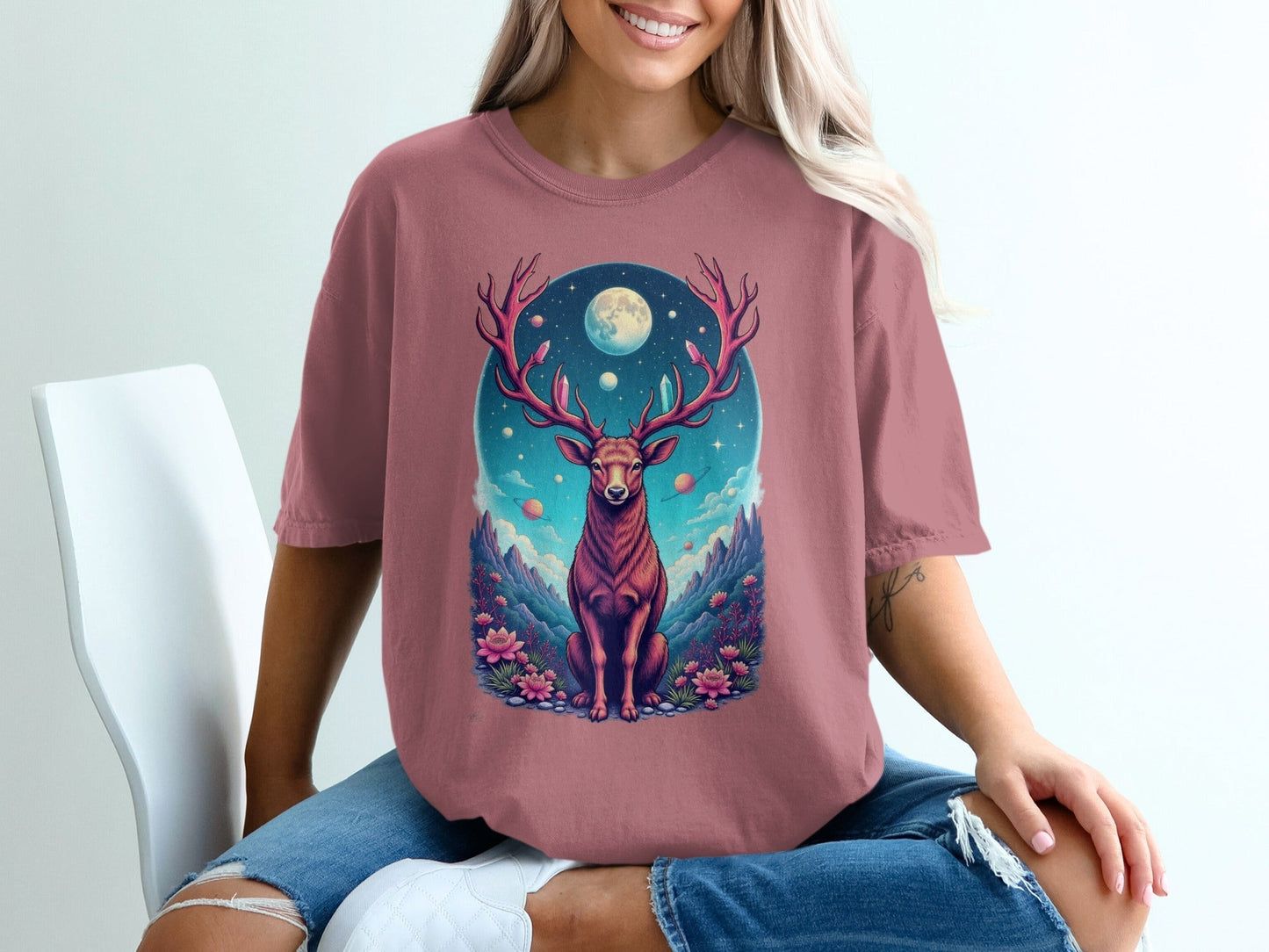 Majestic Deer In Space Artistic Graphic Design T-Shirt - IconVexa