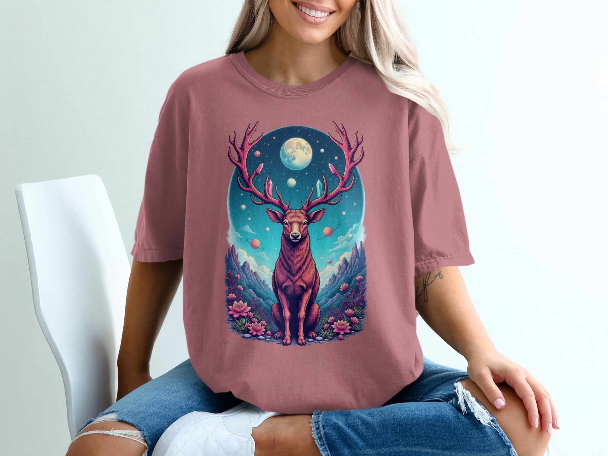 Majestic Deer In Space Artistic Graphic Design T-Shirt - IconVexa
