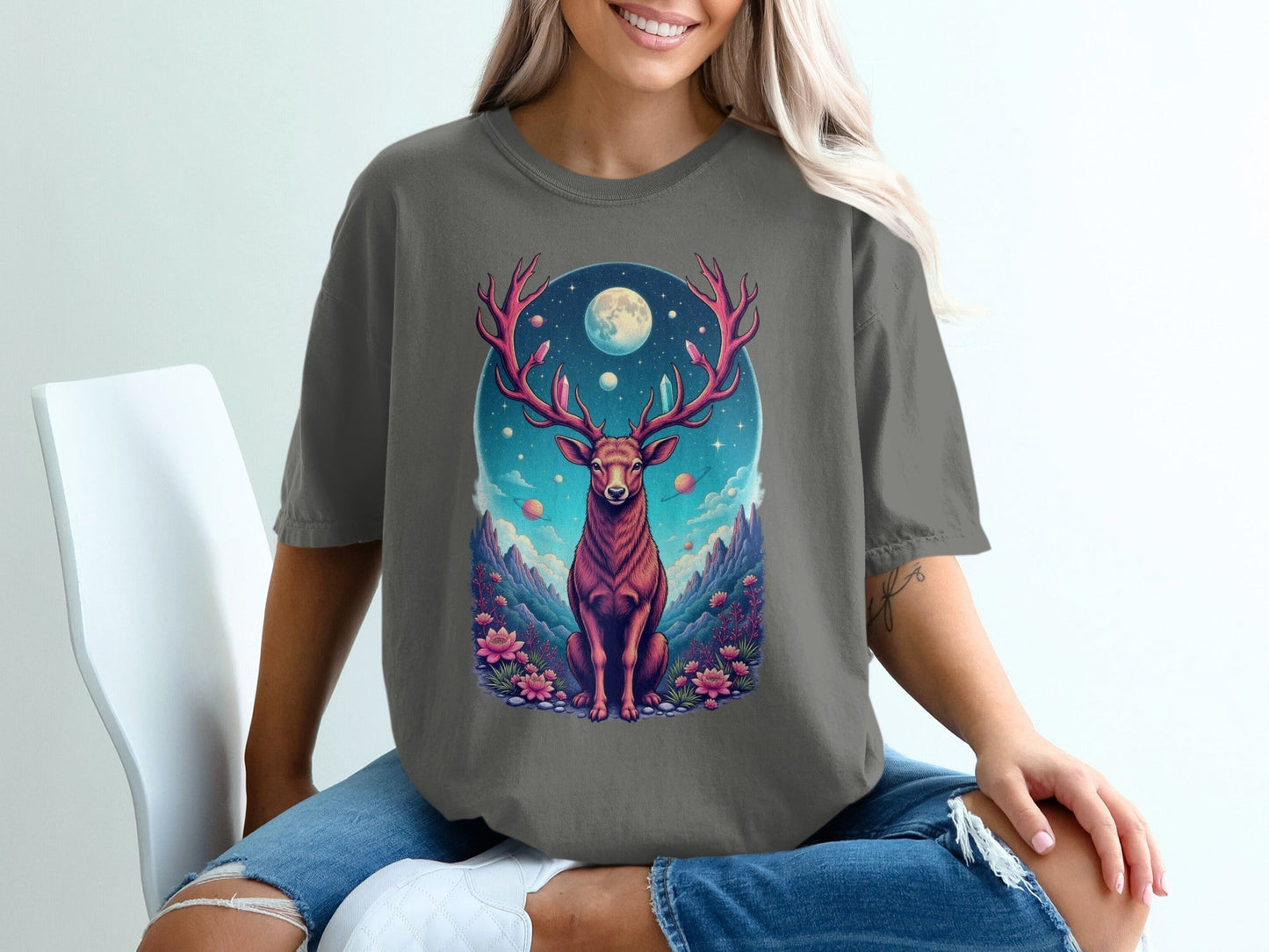 Majestic Deer In Space Artistic Graphic Design T-Shirt - IconVexa