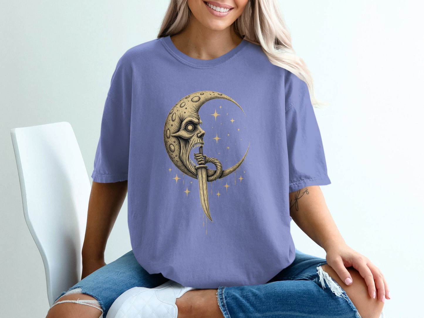 Man In The Moon With Dagger Graphic Design T-Shirt - IconVexa