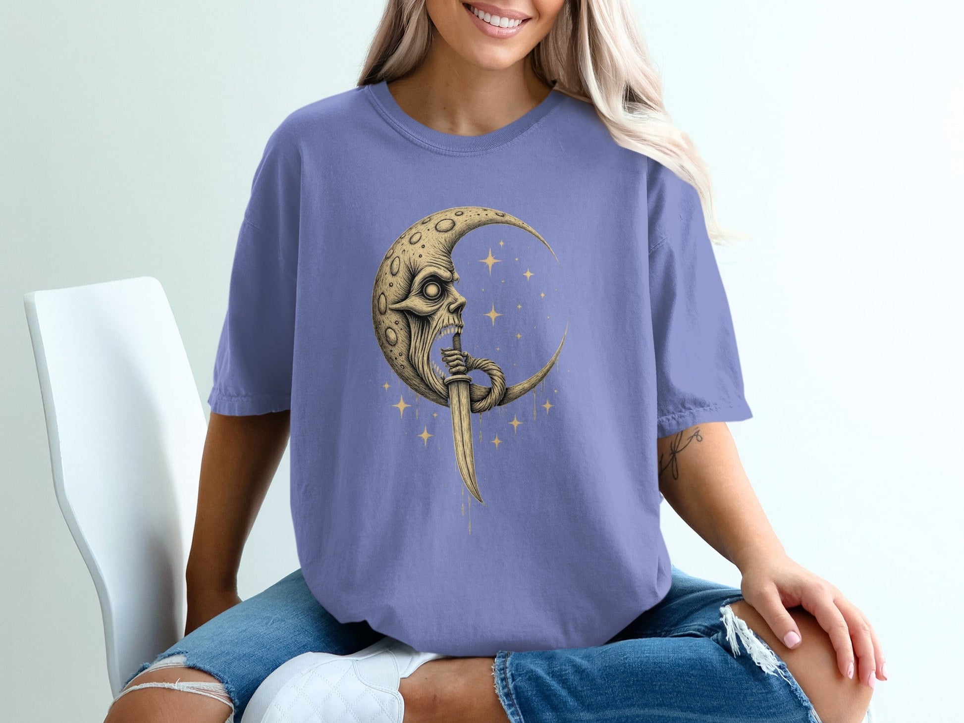 Man In The Moon With Dagger Graphic Design T-Shirt - IconVexa