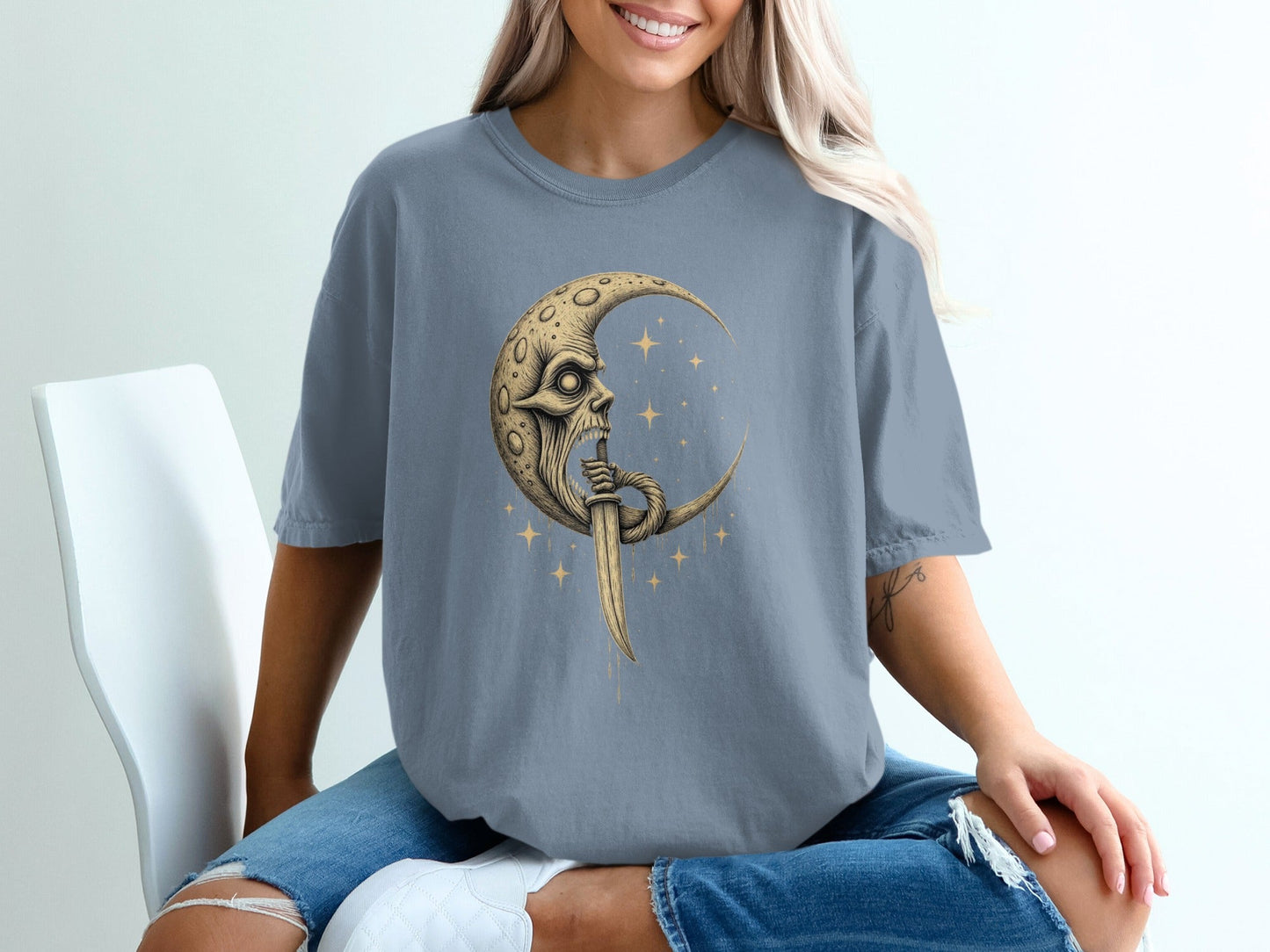 Man In The Moon With Dagger Graphic Design T-Shirt - IconVexa