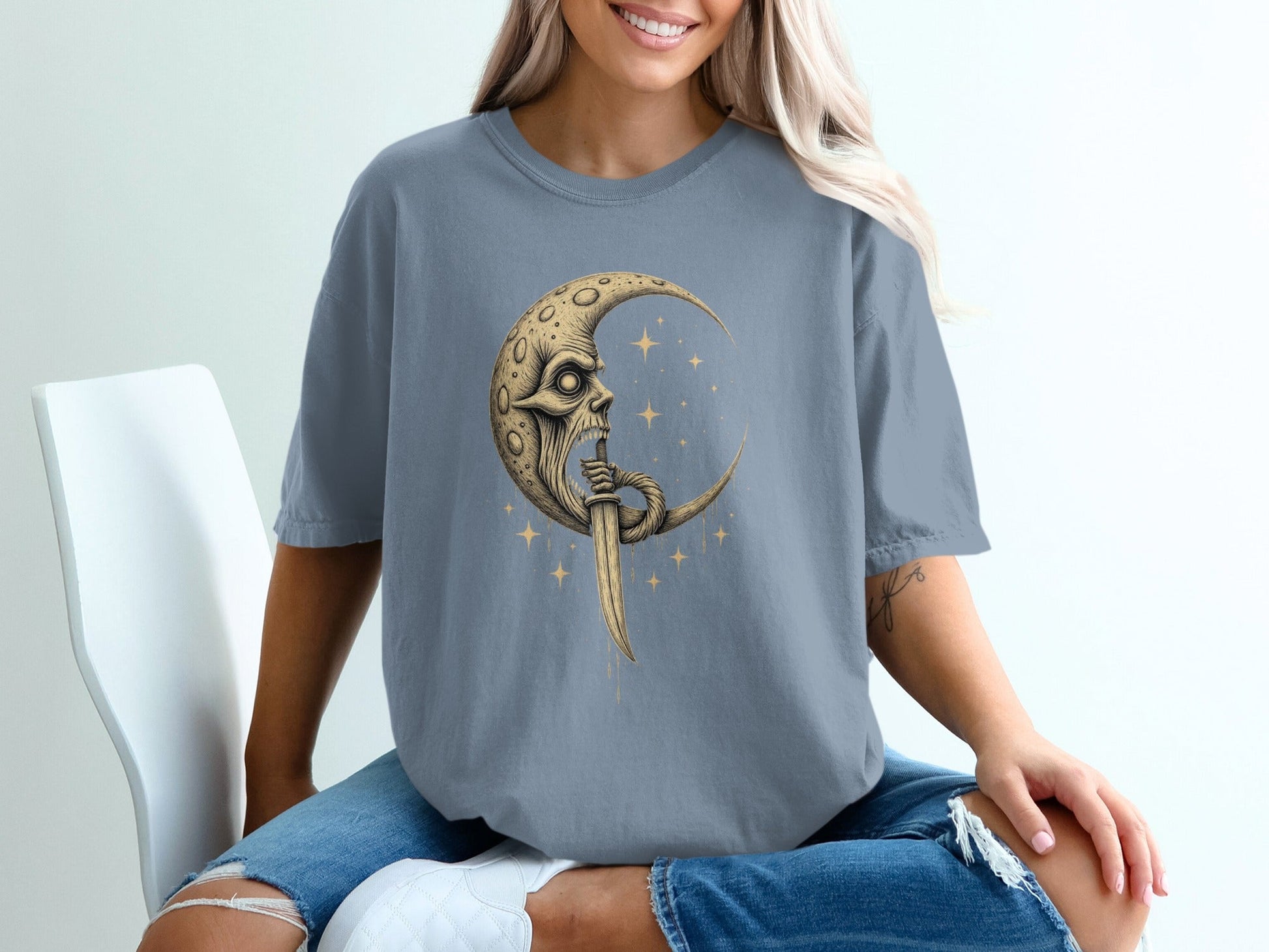 Man In The Moon With Dagger Graphic Design T-Shirt - IconVexa