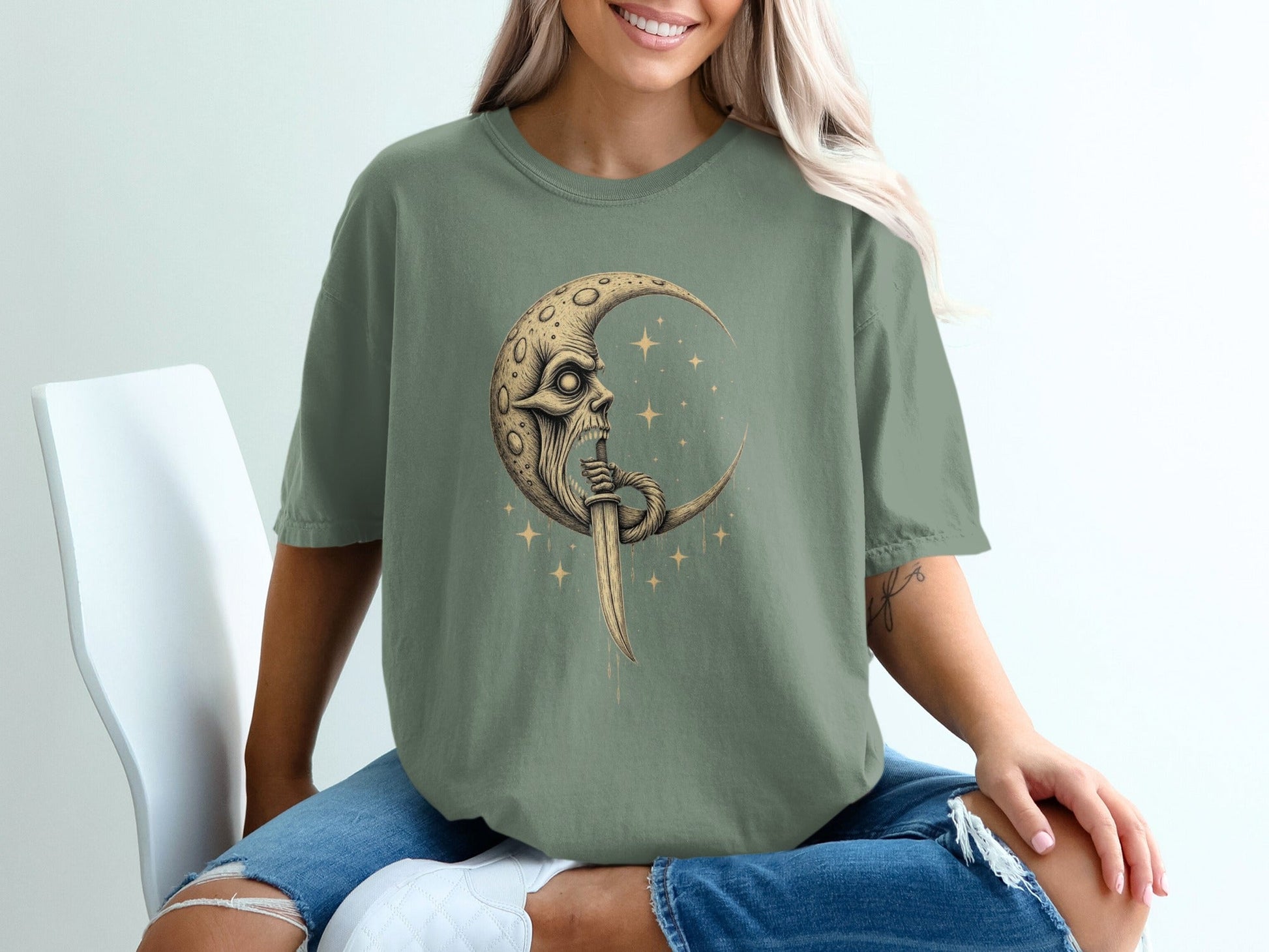Man In The Moon With Dagger Graphic Design T-Shirt - IconVexa
