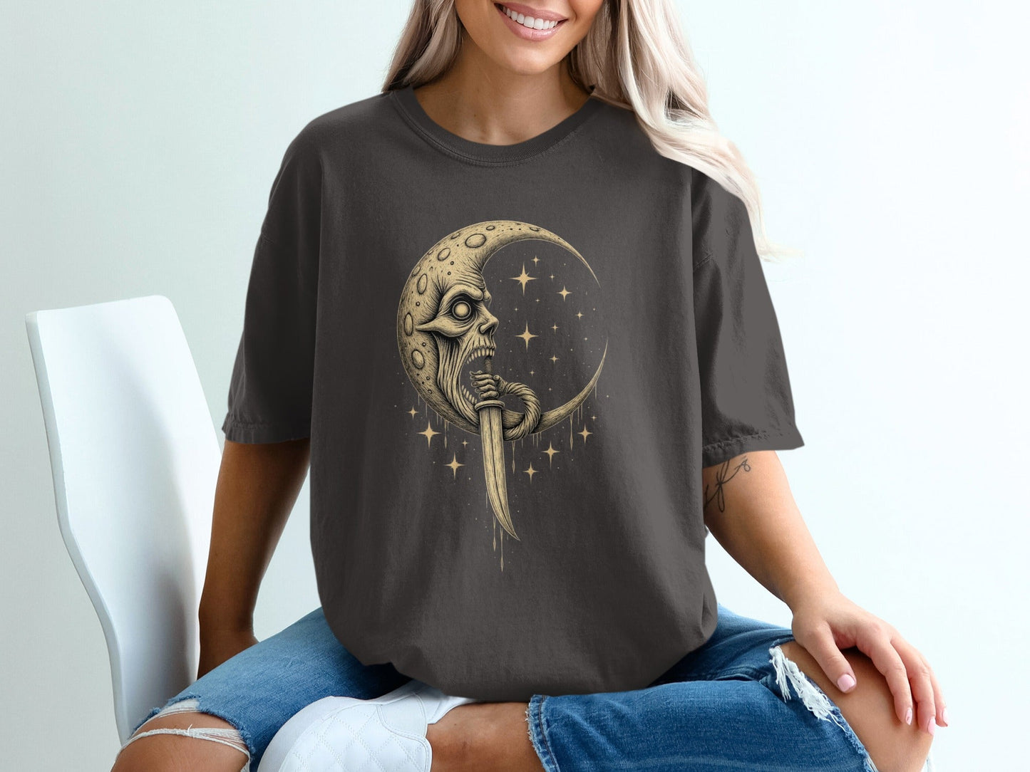 Man In The Moon With Dagger Graphic Design T-Shirt - IconVexa