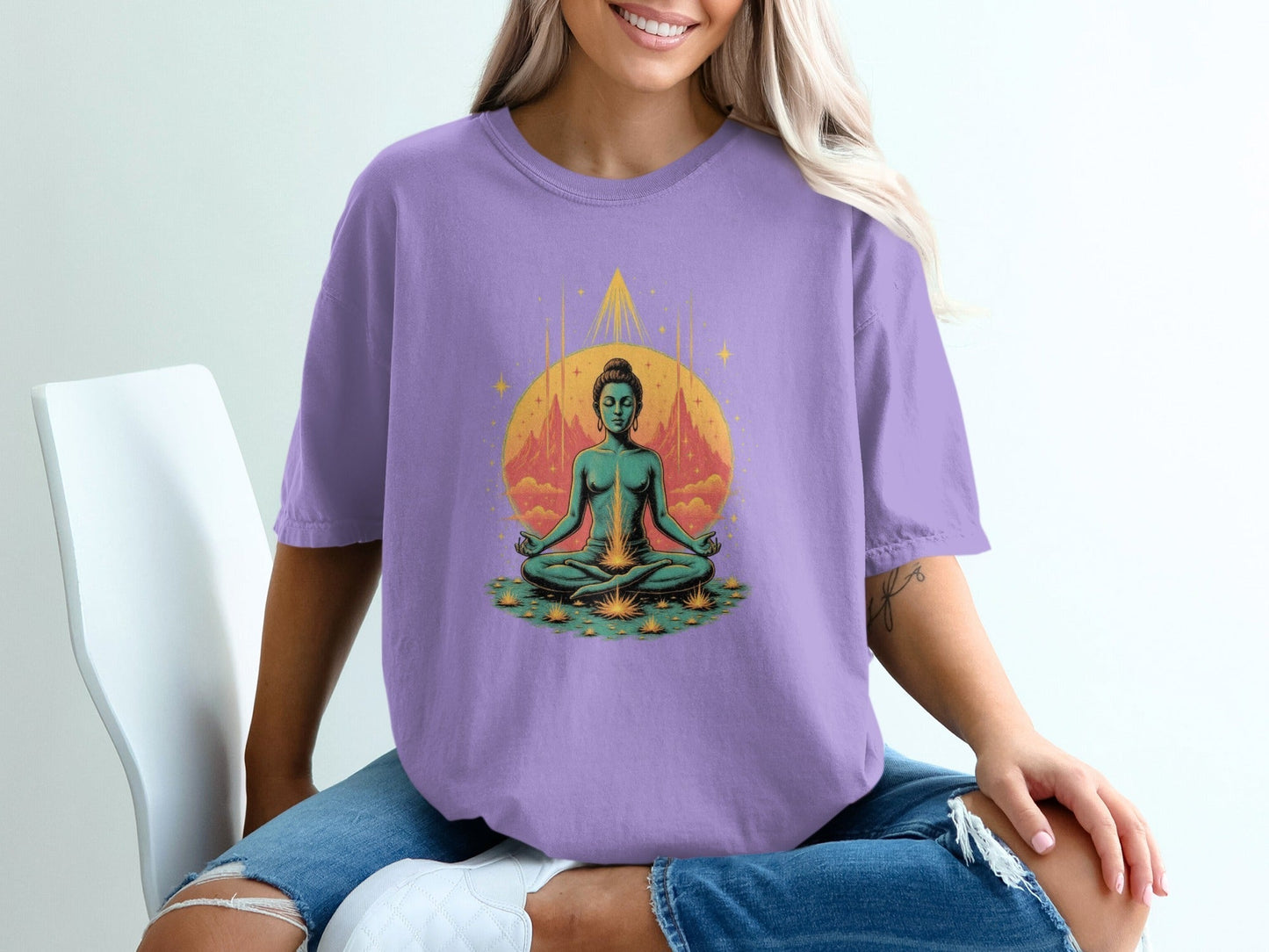 Meditating Buddha With Lotus Spiritual Graphic Art T-Shirt - IconVexa