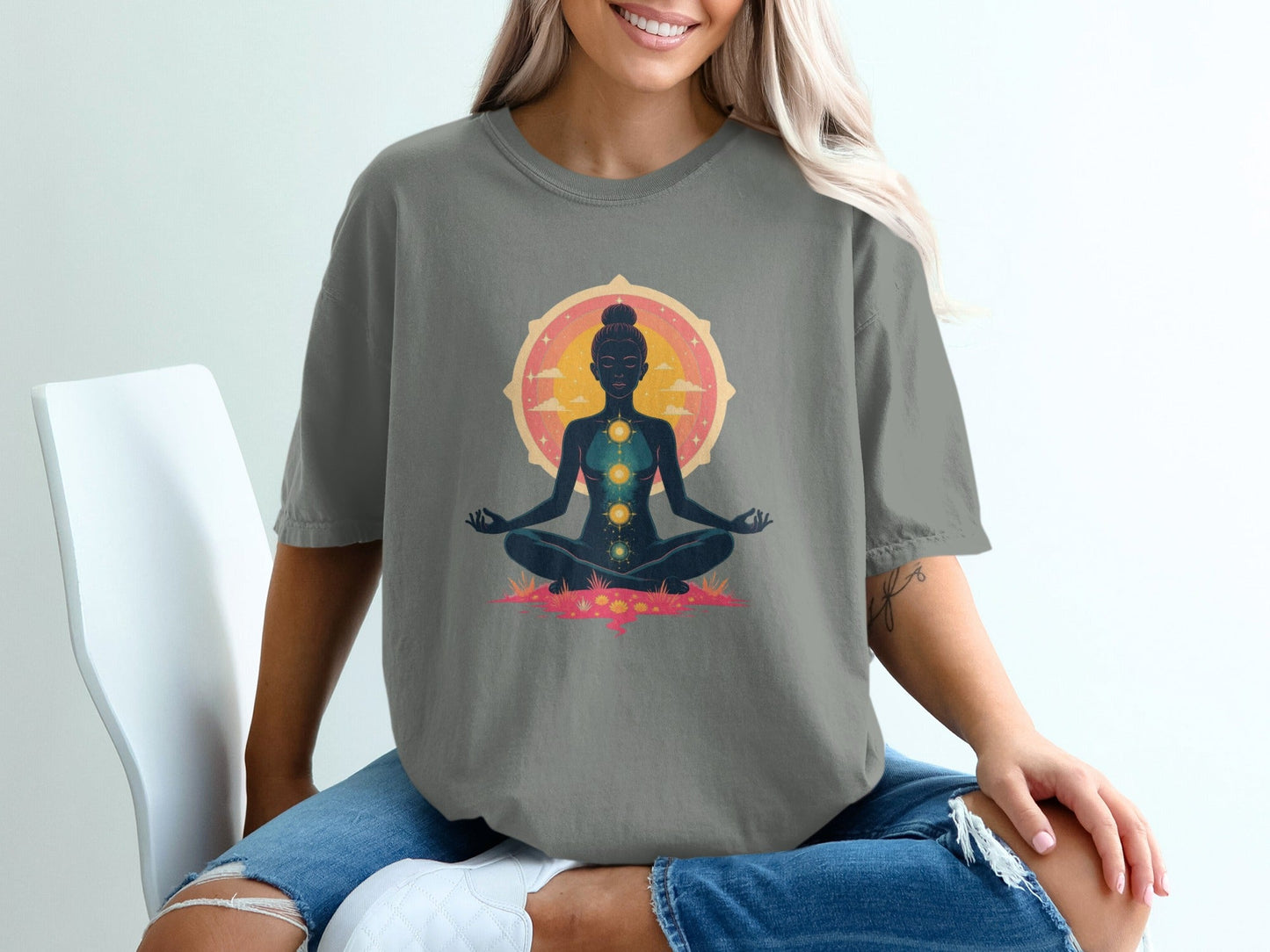 Meditating Woman Chakras Above All Graphic Design T-Shirt - IconVexa