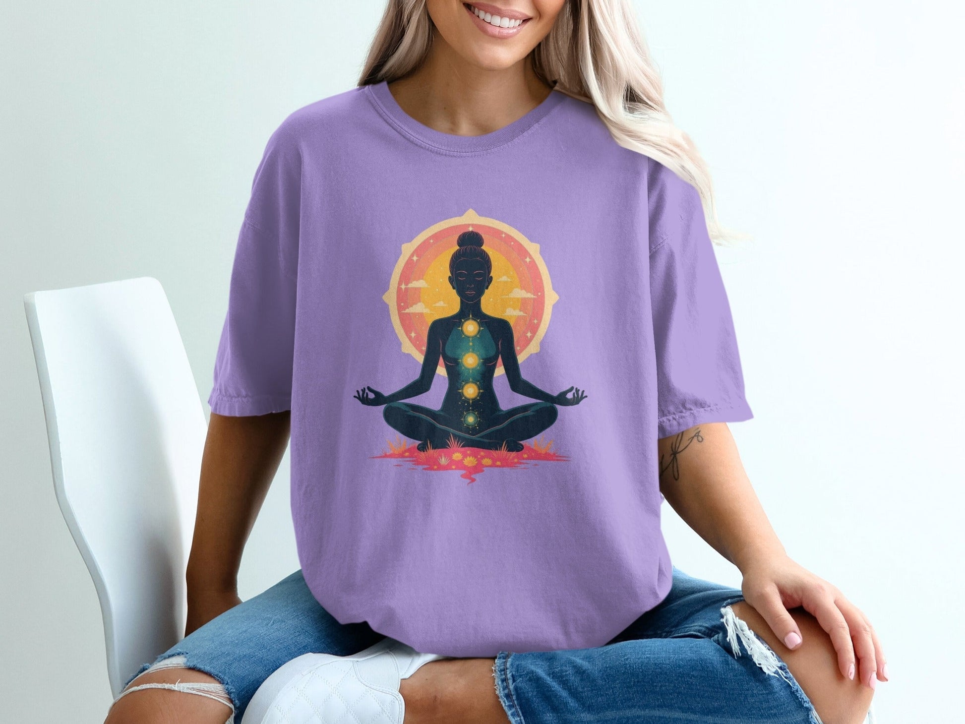 Meditating Woman Chakras Above All Graphic Design T-Shirt - IconVexa