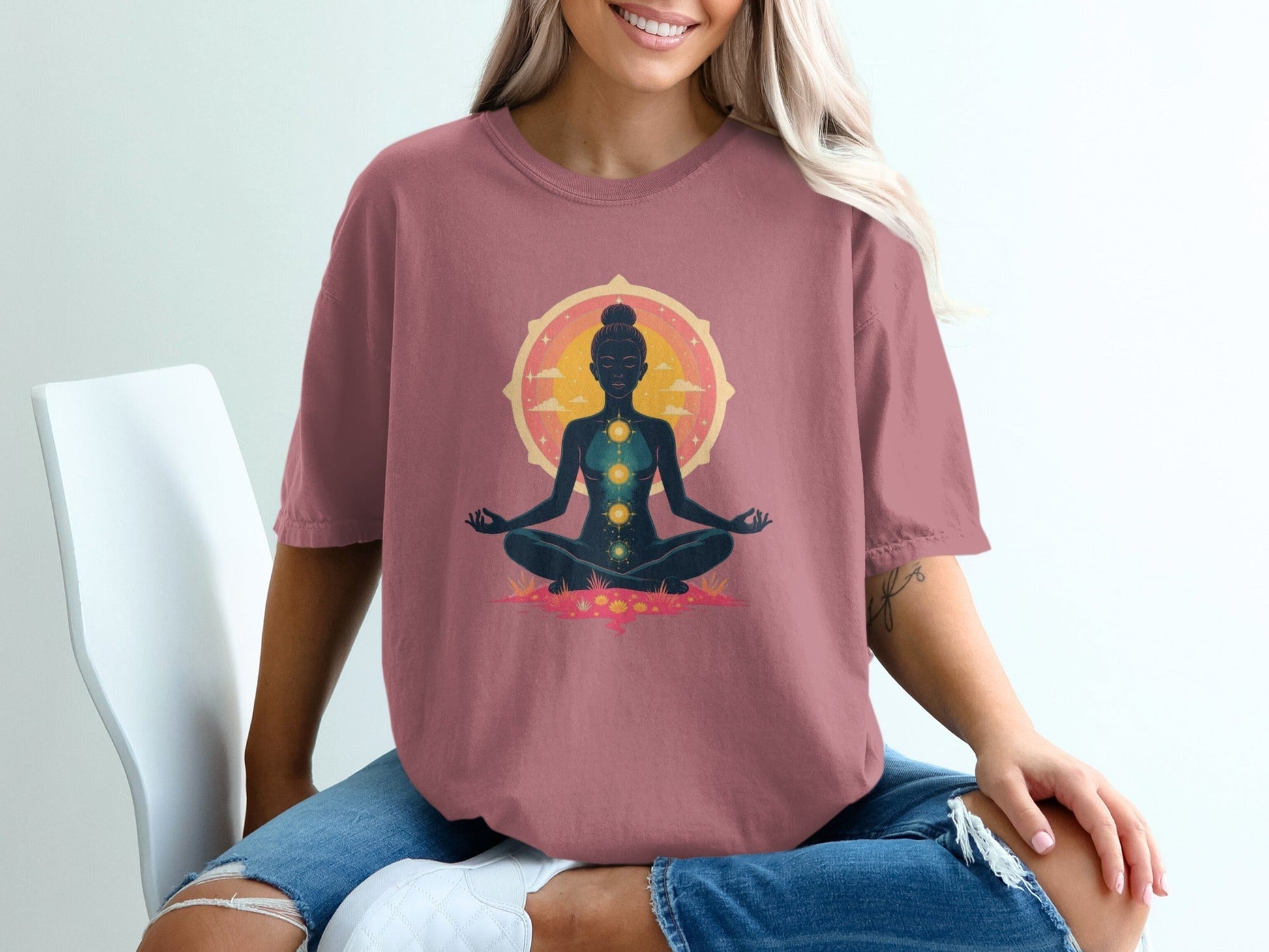 Meditating Woman Chakras Above All Graphic Design T-Shirt - IconVexa